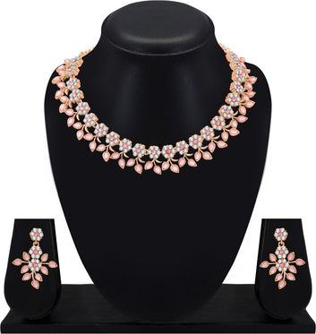 Rose Gold Polish with Stunning AD Stone Studded Choker Necklace set with Matching pair of Earrings