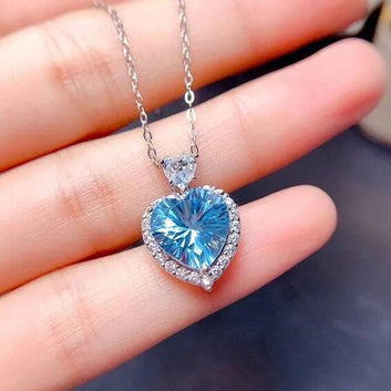 Silver Plated Anti Tarnish American Diamond Crushed Ice Cut Blue Heart Shape Pendant