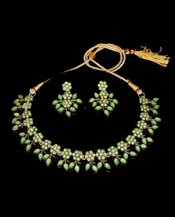 Mendi Gold Plated Reverse Sea Green AD Jewellery Set